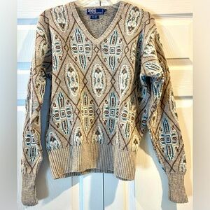 Polo Ralph Lauren Sweater Mens Sz M Brown Aztec Geometric V Neck Linen Silk Wool